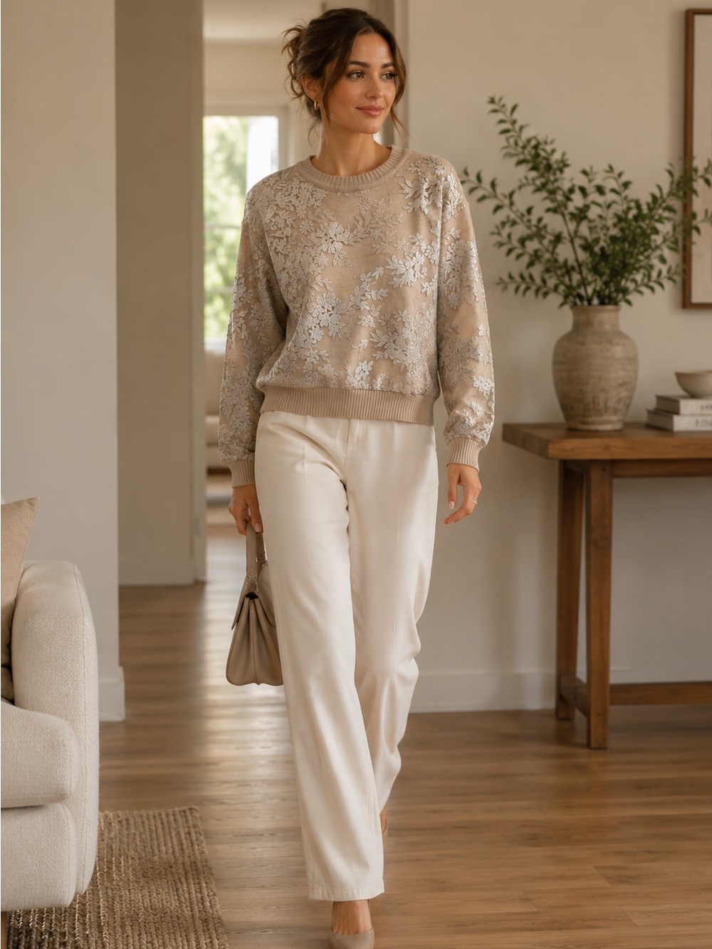 SHEIN ZEYLAH Beige Metallic Floral Embroidered Sweater Medium